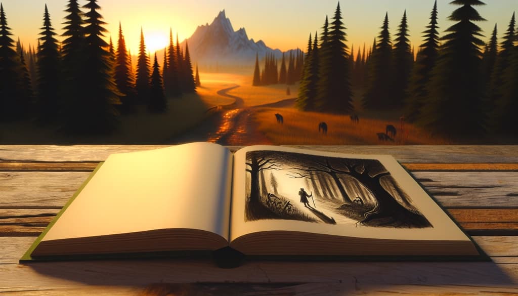 A book open to a hand-drawn traveler and a forked path in morning sunlight.