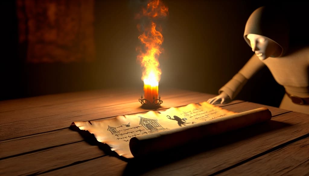 A candlelit table holds a scroll with illustrations of a lost key, burning house, and two arrows.