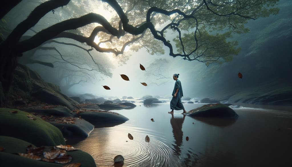 A contemplative person by a riverbank at dawn, surrounded by natural patterns suggesting harmony and balance.