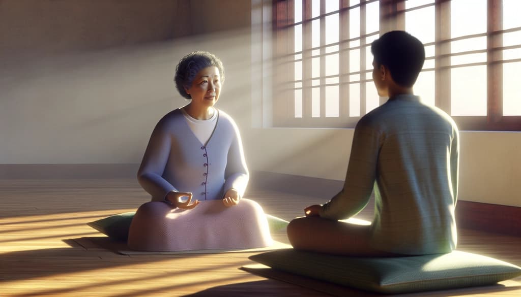 A meditation teacher and student seated together in a peaceful hall, sharing a moment of quiet reflection.