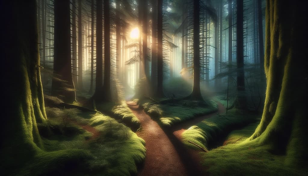 A misty forest path splits into two, the ground lush with moss and framed by tall sunlit trees.