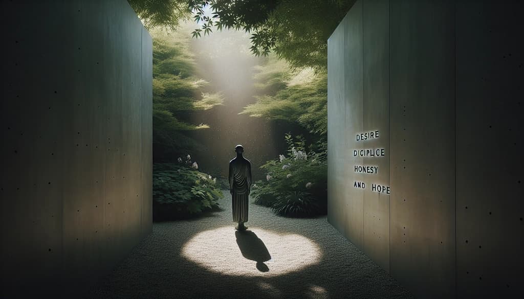 A person contemplating their path in a tranquil garden, embodying balance between desire and integrity.