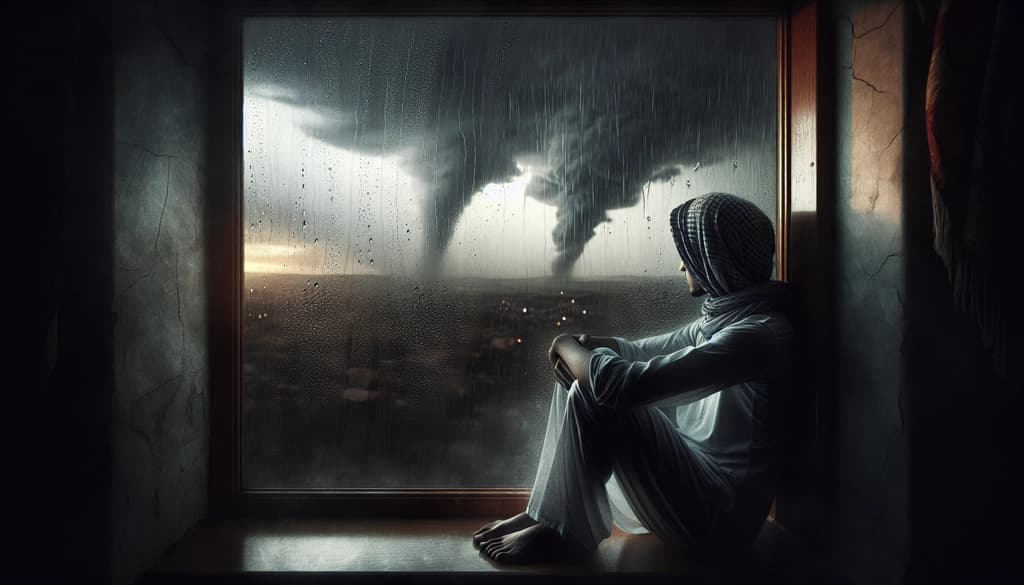 A person gazes through a rain-speckled window, quietly finding a moment of inner peace amid a storm outside.