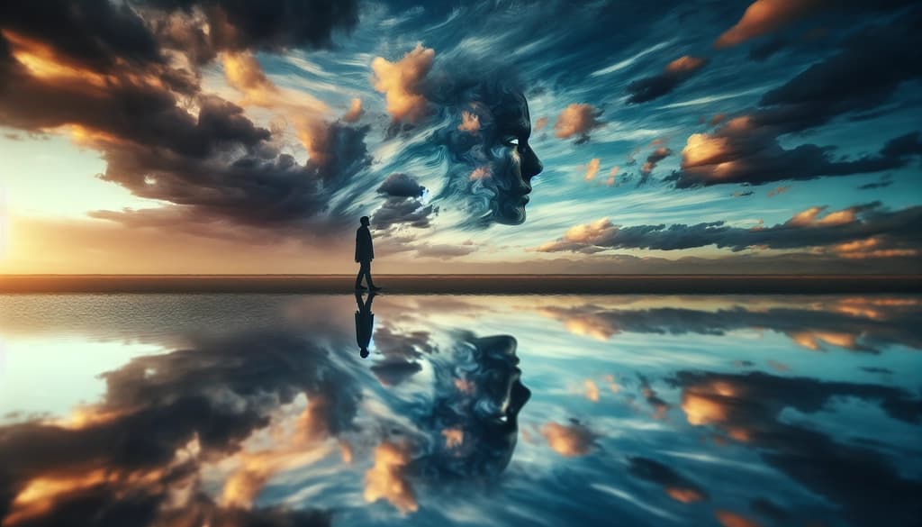 A person gazing at their reflection on a tranquil lake, the image softened by gentle ripples, evoking the illusion of the separate self.