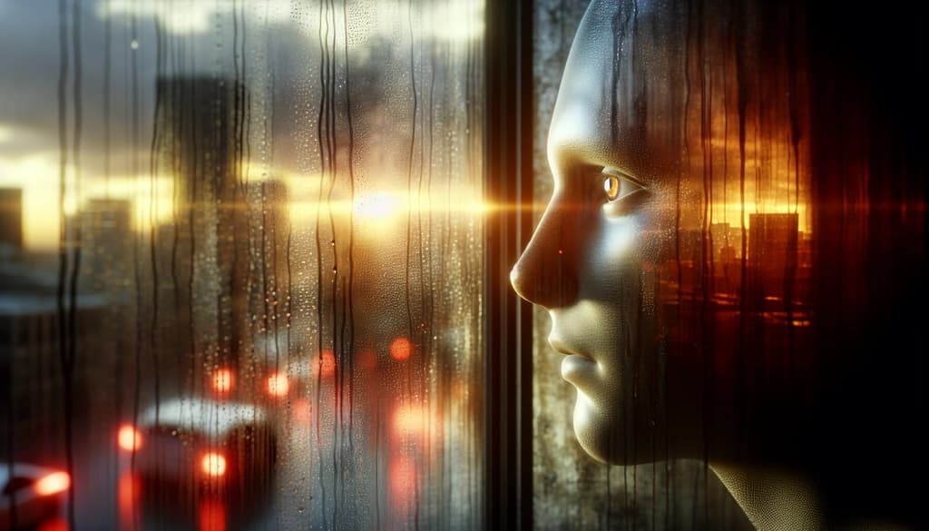 A person gazing out a rainy window, appearing relaxed and absorbed in quiet reflection.