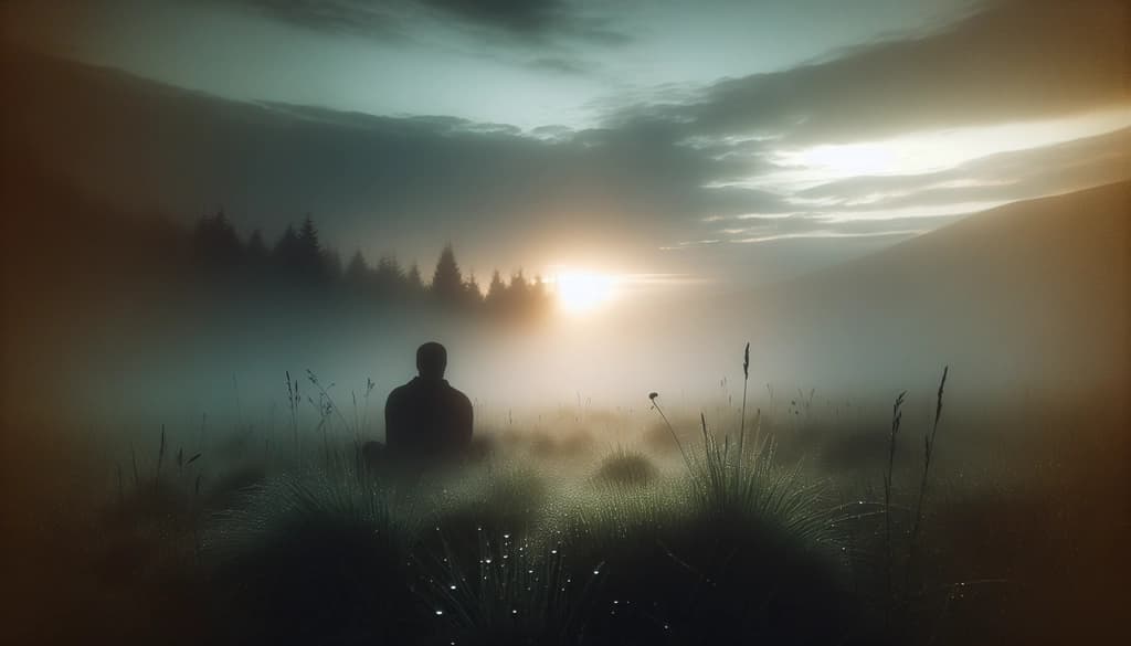 A person meditating at dawn on dewy grass as mist gently lifts, symbolizing release from suffering.