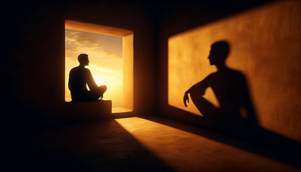A person meditating by a sunlit window, their shadow and reflection blending on the wall, evoking self-awareness and wholeness.