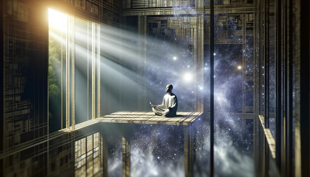 A person meditating in a sun-drenched room, the light highlighting a peaceful face, suggesting an inner awareness beyond thoughts.