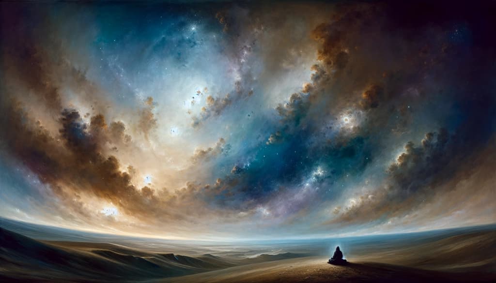 A person meditating under a clear sky, blending into the landscape, embodying non-dual awareness