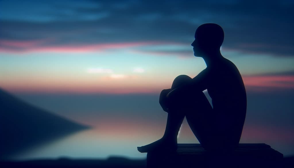 A person seated in stillness at sunrise, embodying calm awareness and pure observation.