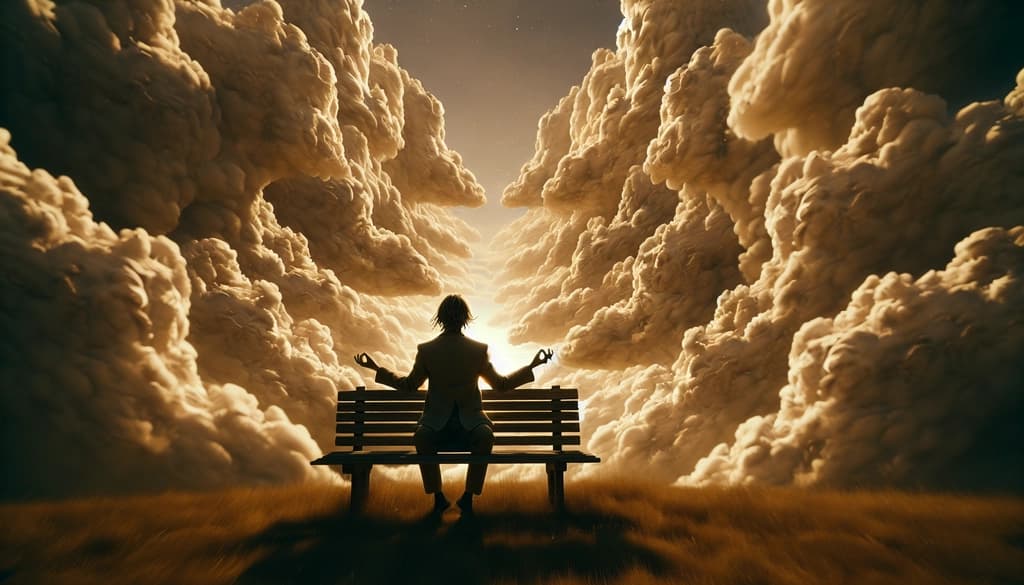 A person sits peacefully on a park bench under soft sunlight, letting go of longing as the world around them blurs into gentle stillness.