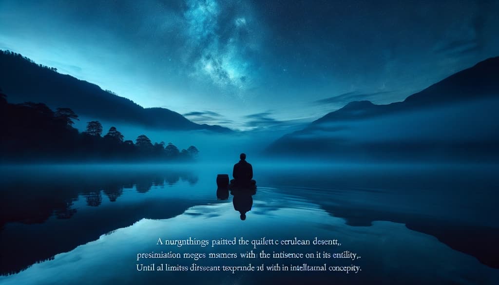 A person sits quietly by a mirror-like lake at dawn, feeling unity with the world as sky, water, and self dissolve into wholeness.