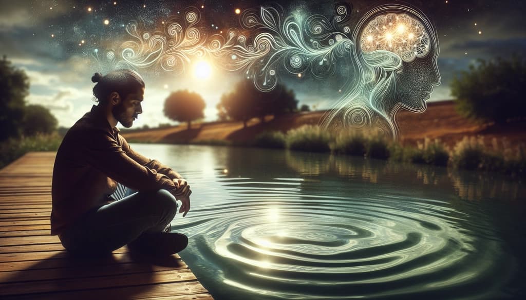 A person sits quietly by a sunlit pond, with still water reflecting peaceful trees, embodying silent awareness.