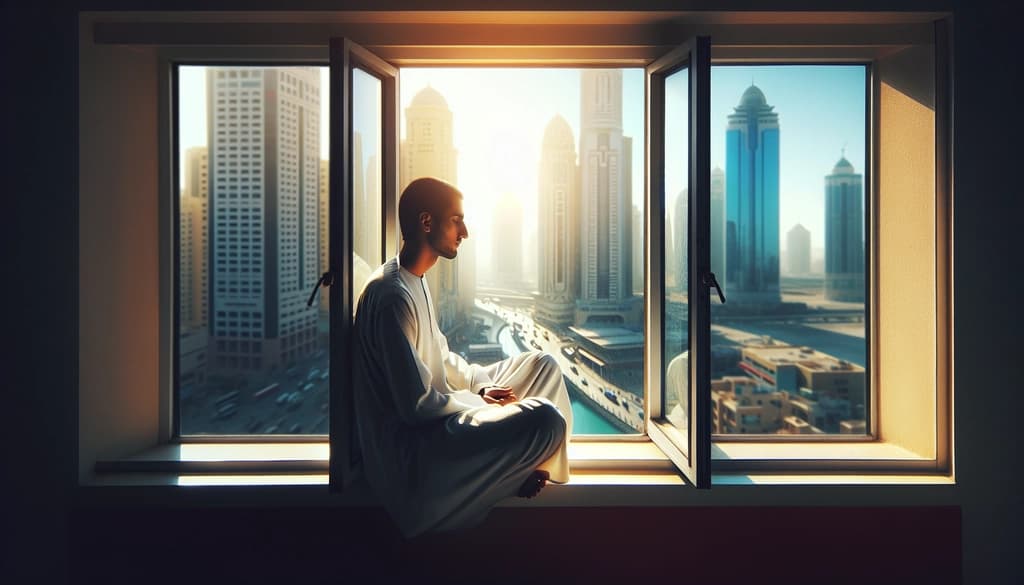 A person sitting calmly by a window, serene amidst city sounds, embodying equanimity in daily life.