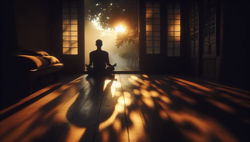 A person sitting peacefully at dusk, hands relaxed in their lap, accepting the movement of light and shadow around them.