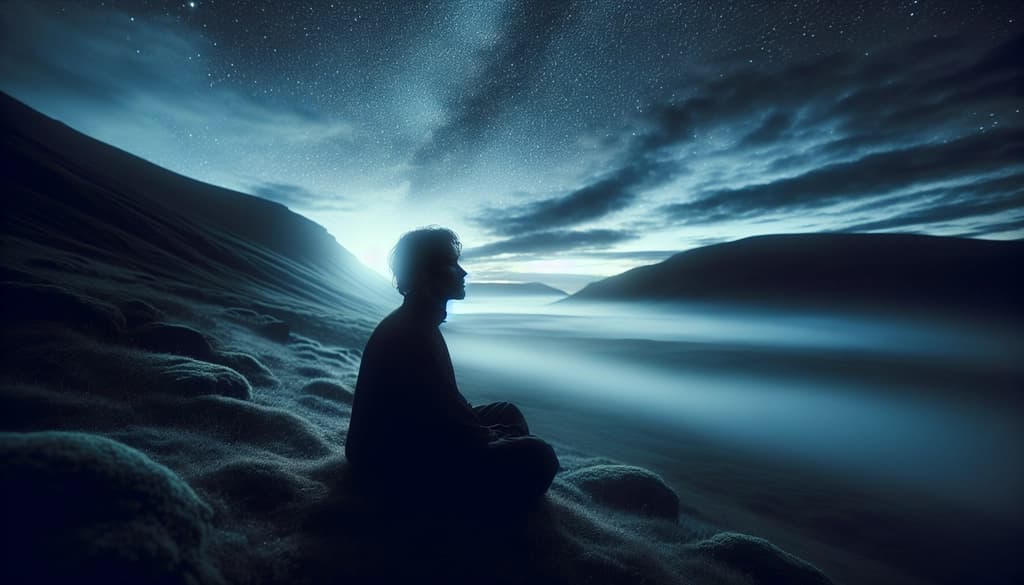 A person sitting peacefully at sunrise, bathed in soft light, embodying presence and calm awareness.