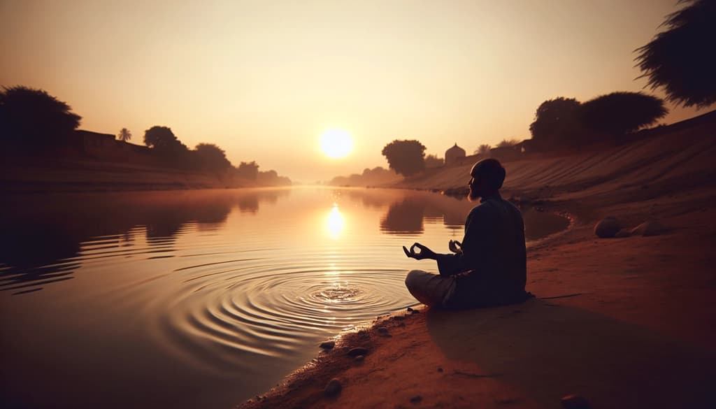 A person sitting quietly by a river at dusk, watching the water flow and change with the fading light.