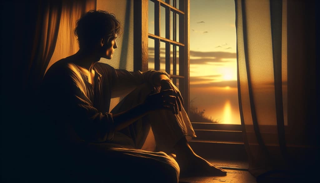 A person sitting quietly by an open window at sunrise, hands relaxed, emotions moving gently through them.
