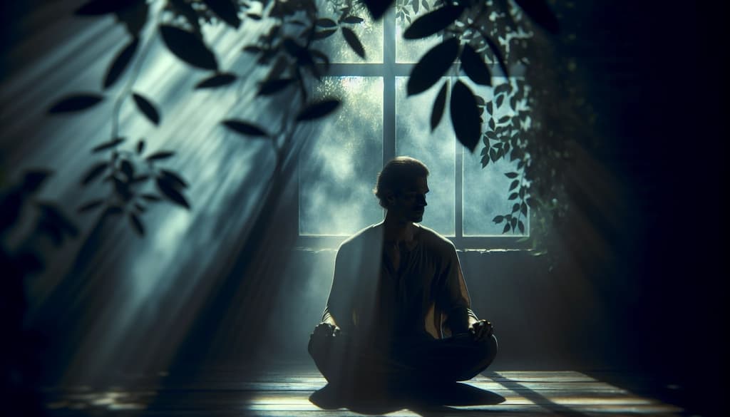 A person sitting quietly in soft morning light, surrounded by a feeling of spacious awareness beyond thought.
