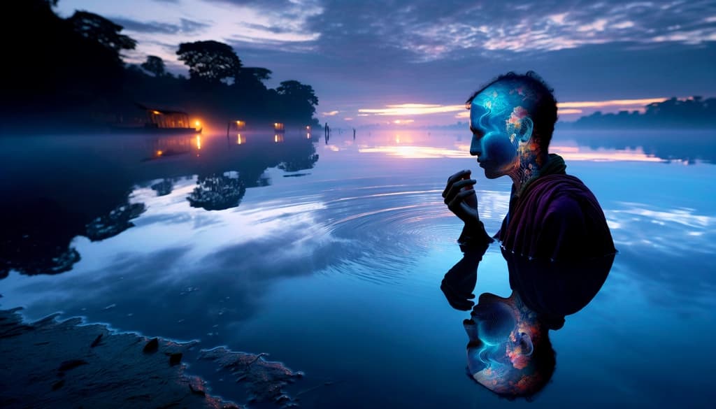 A person standing beside a tranquil lake, gazing at their reflection in gentle morning light, symbolizing inner self-inquiry.
