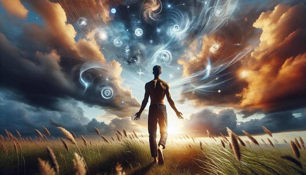 A person standing in an open field under a changing sky, calmly witnessing the unfolding moment with acceptance.