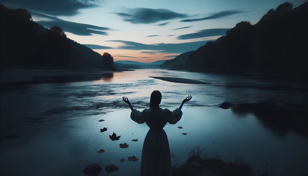 A person standing with open hands by a river at dusk, gently releasing leaves into the flowing water.
