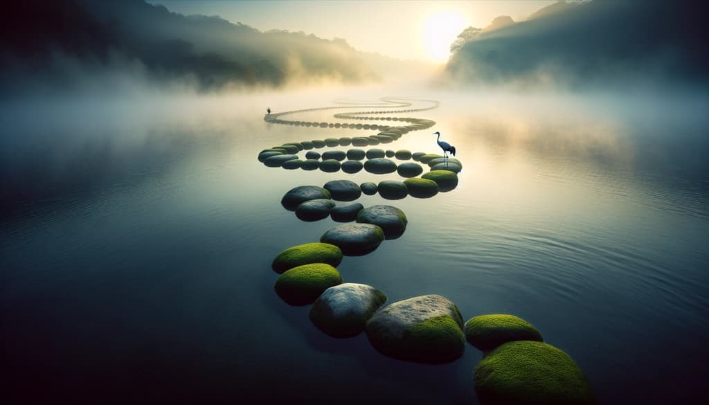 A river winding through foggy rocks at sunrise, with a crane standing in stillness.