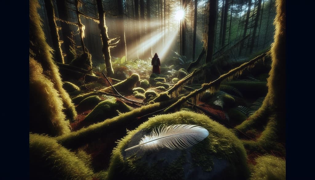 A single feather rests on a mossy stone in a sunlit forest, evoking quiet reflection for a contemplative traveler.