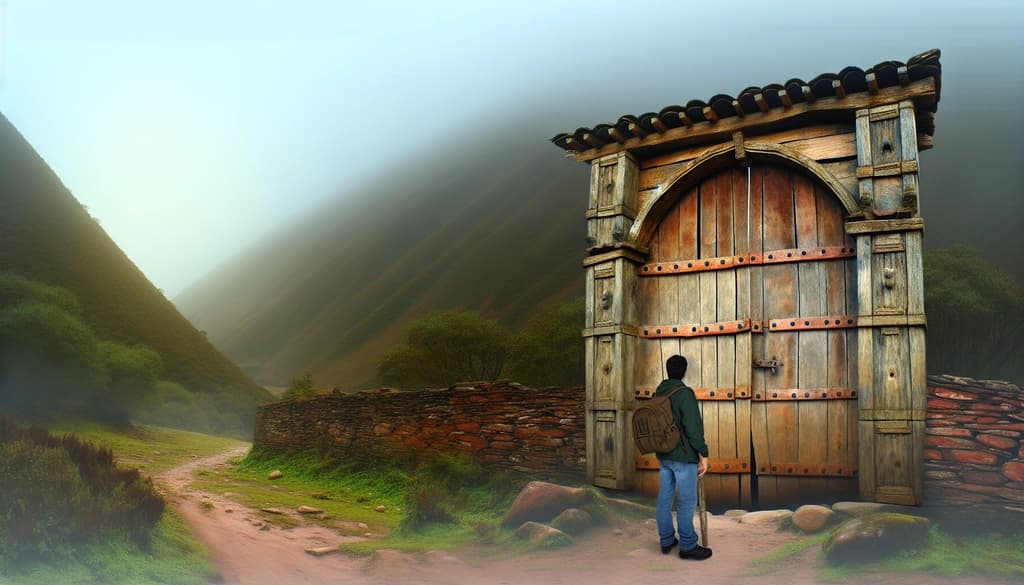 A solitary figure standing at an open gate in the mist, mountains behind.