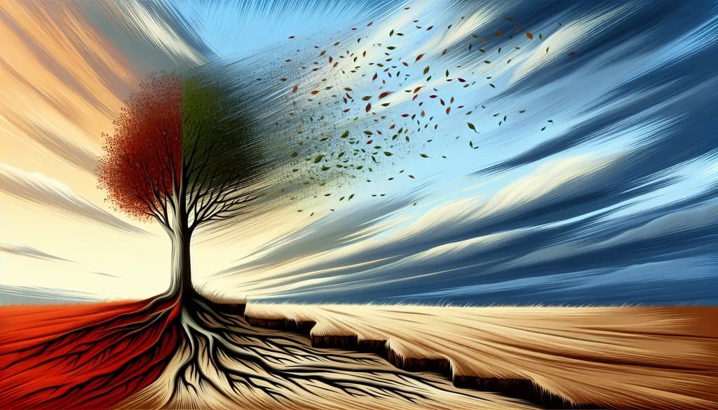 A solitary tree in a field, leaves blowing in the wind, symbolizing stability and change.