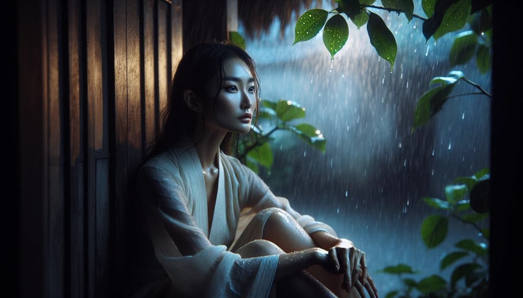 A woman sits calmly during a storm, rain falling as she finds a moment of inner stillness amid the turbulence.