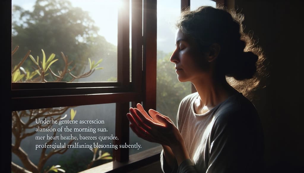 A woman sits quietly by a sunlit window, hands open on her lap, embodying surrender and inner freedom.