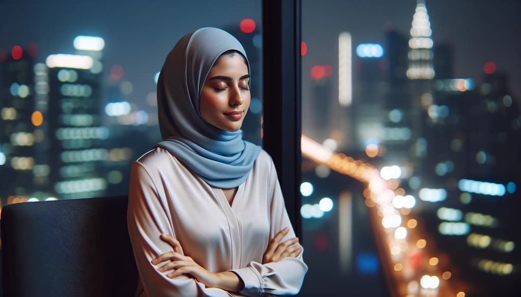 alt="Person meditating by a window in a city office, eyes closed and calm amid urban surroundings."