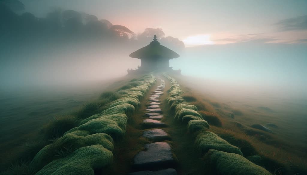 Ancient stone path in morning fog near a quiet temple.