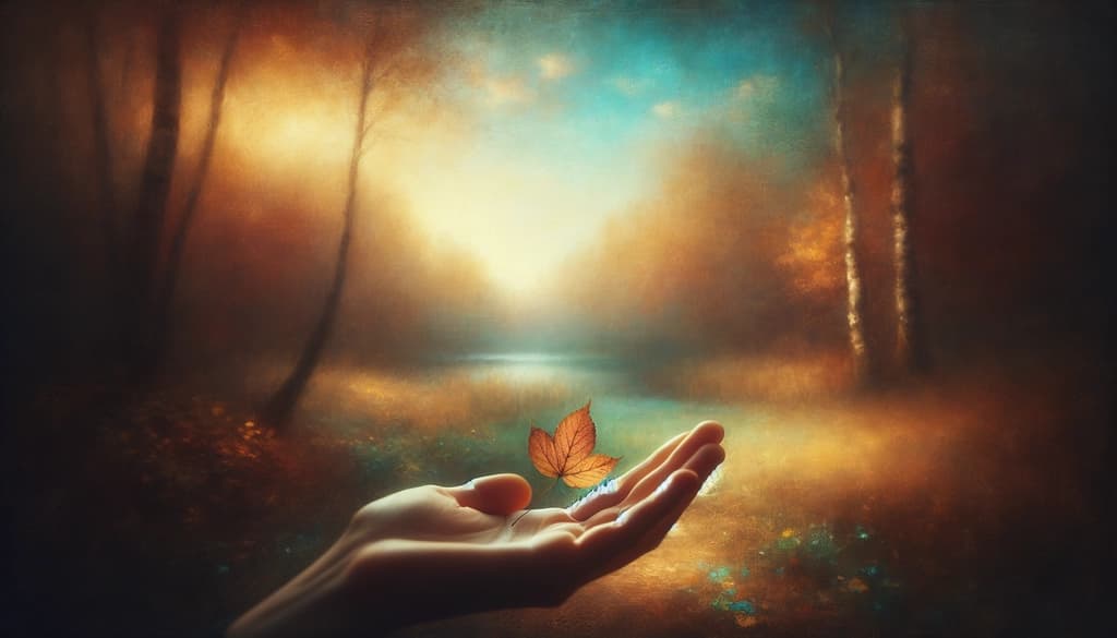 a single autumn leaf resting gently in a hand under warm golden light