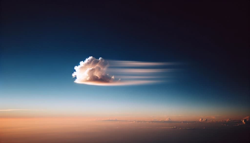 Cloud drifting in quiet blue sky, dissolving gently as light passes through.