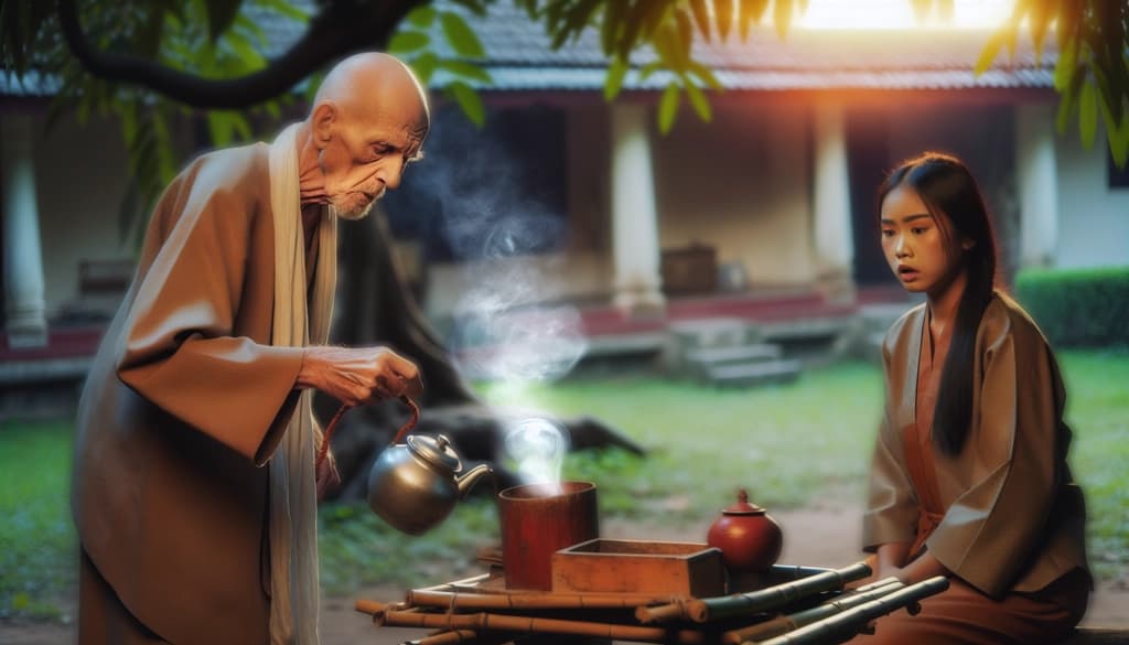 Elder pouring tea for a woman in a dawn-lit Zen garden, both absorbed in the ritual.