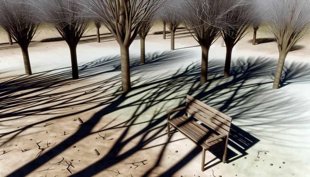 Empty bench under leafless trees in late daylight, a quiet space for reflection.