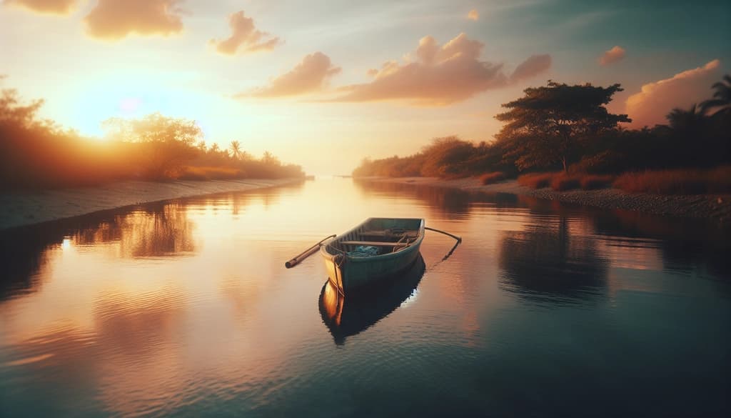 Empty boat drifting peacefully on a calm river at golden hour