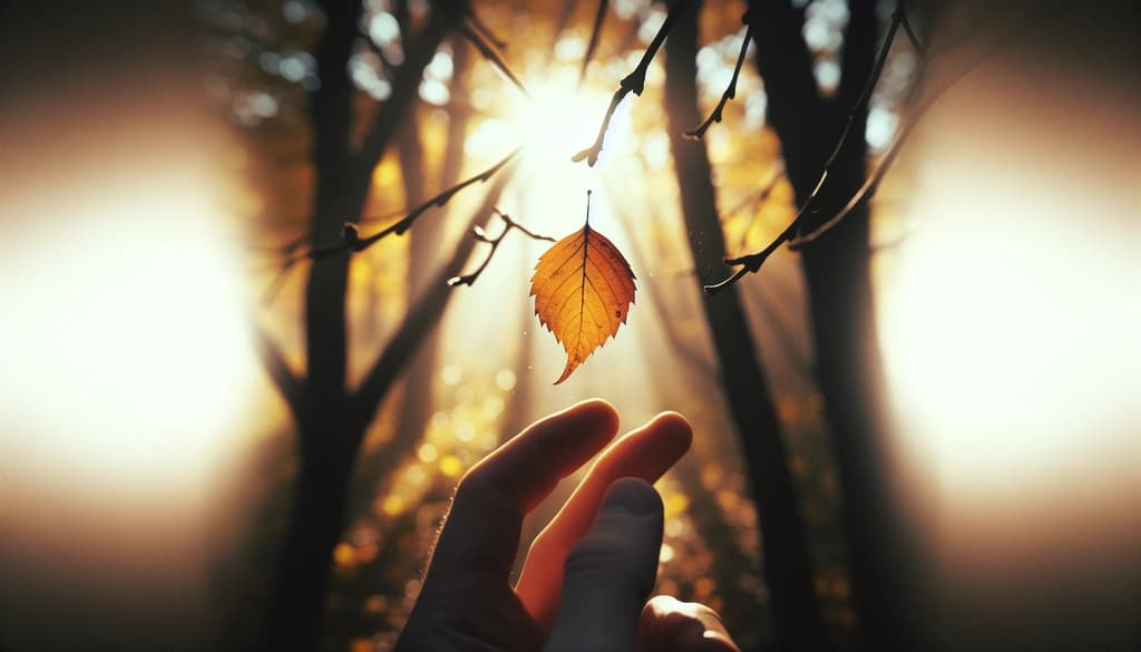 Fallen autumn leaf drifting gently from a tree, sunlight illuminating its edges against a soft, blurred background.