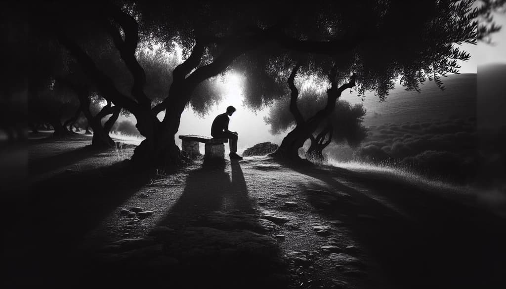 Figure in contemplation on a stone bench beneath olive trees at dusk.
