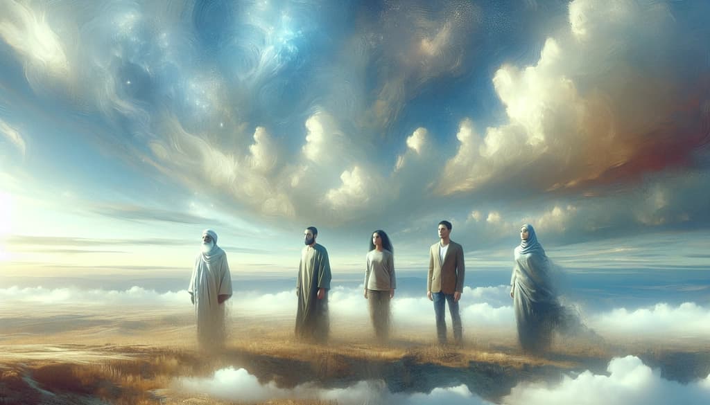 Figures pause in a vast, light-filled landscape, serene and open beneath a wide sky, reflecting an effortless awareness.