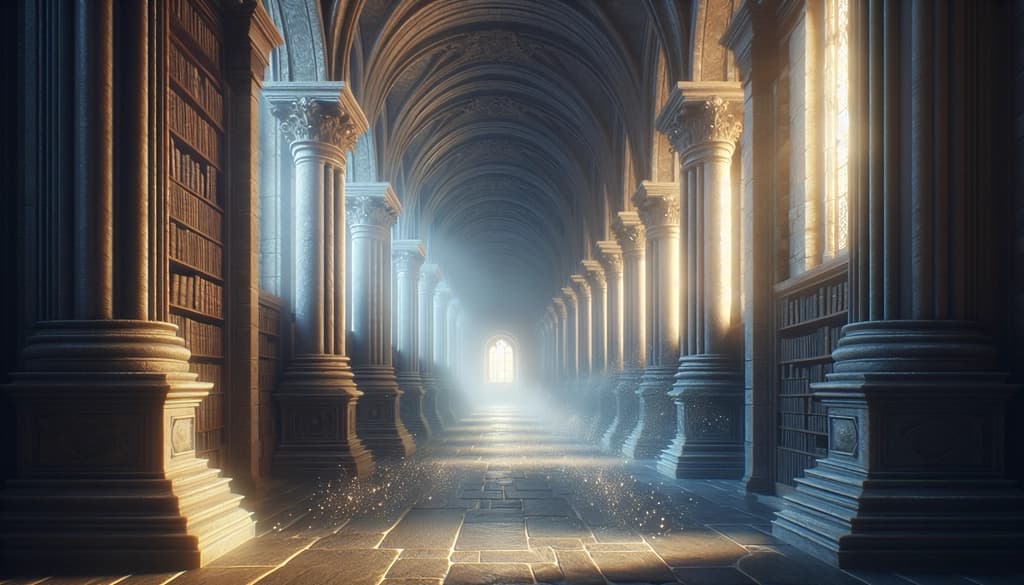 Golden light slants into a stone corridor, suggesting ancient study and silent reflection.