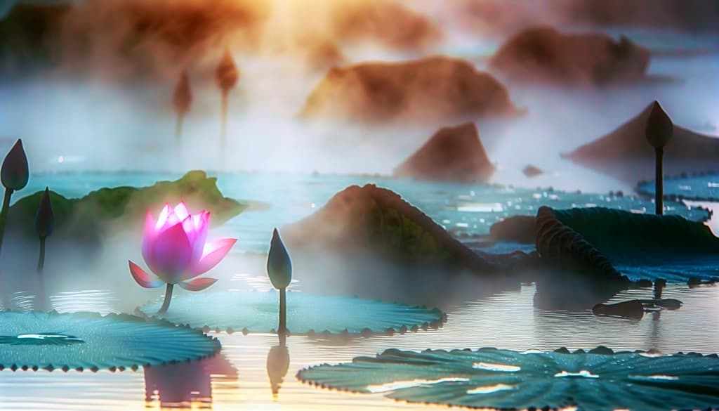 Lotus flower blooming on a calm pond at sunrise, surrounded by light mist and gentle water ripples.