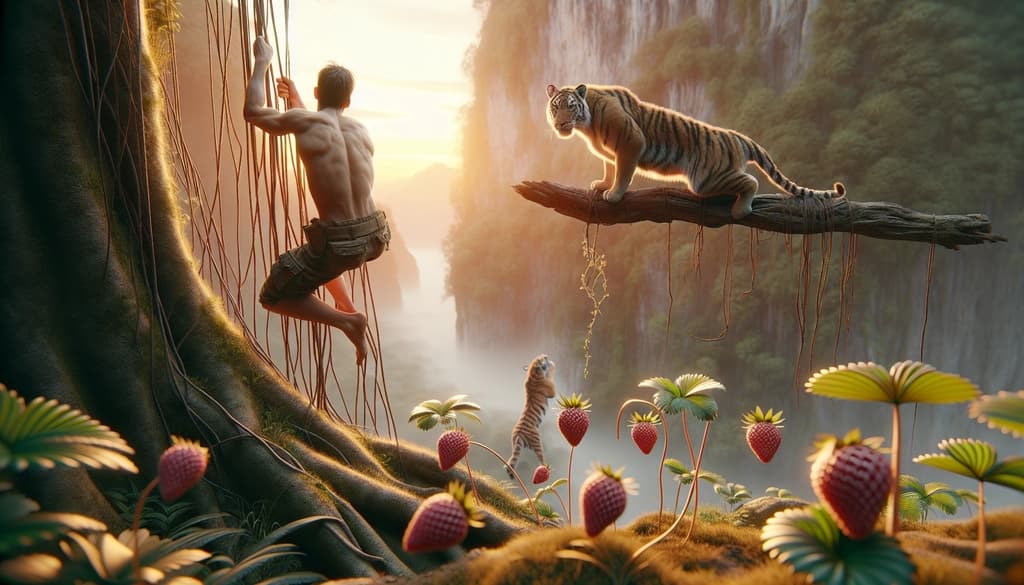 Man clinging to root on cliff between two tigers with wild strawberry nearby in golden light