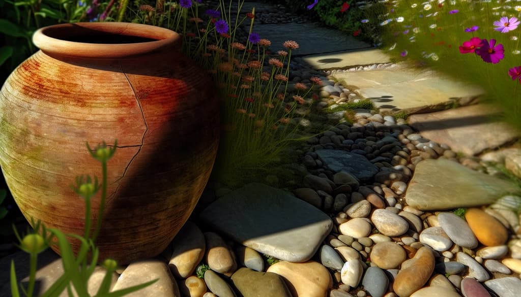 Old clay pot with visible crack, sitting among blooming flowers in early light.