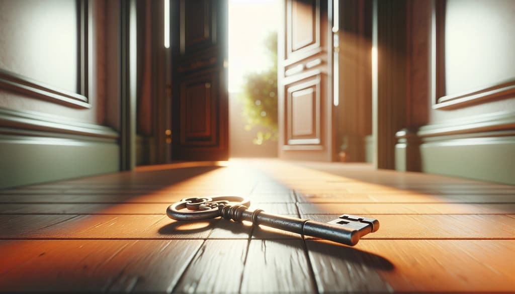 Old metal key lying near an open door in warm natural light