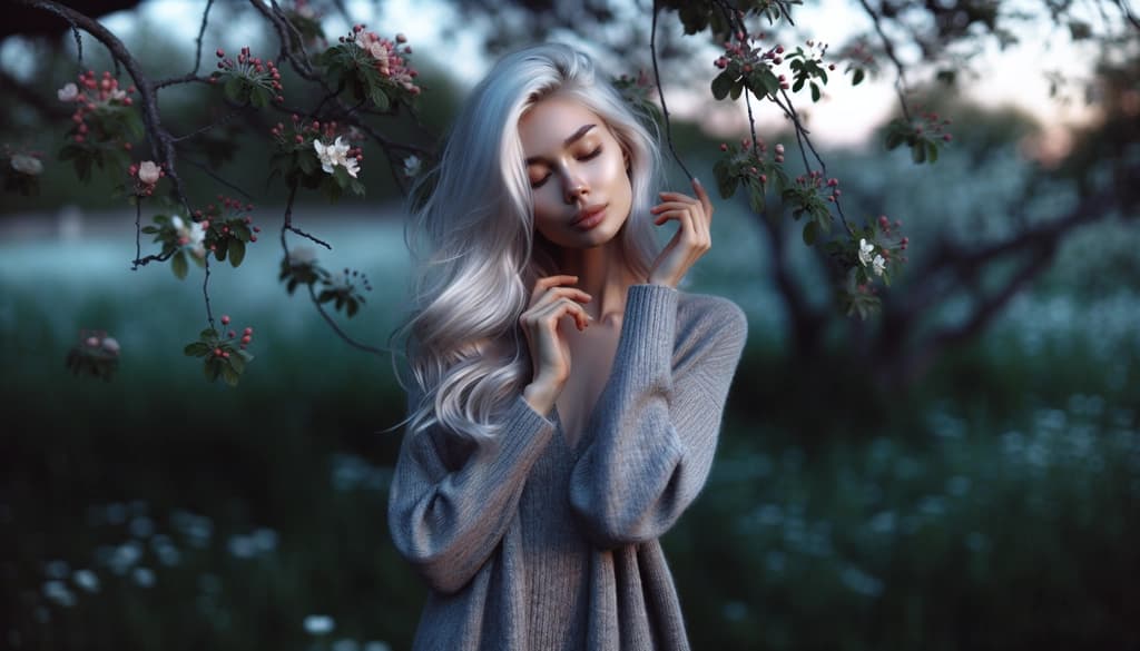 Older woman in a twilight garden, standing quietly with a peaceful, surrendered expression.