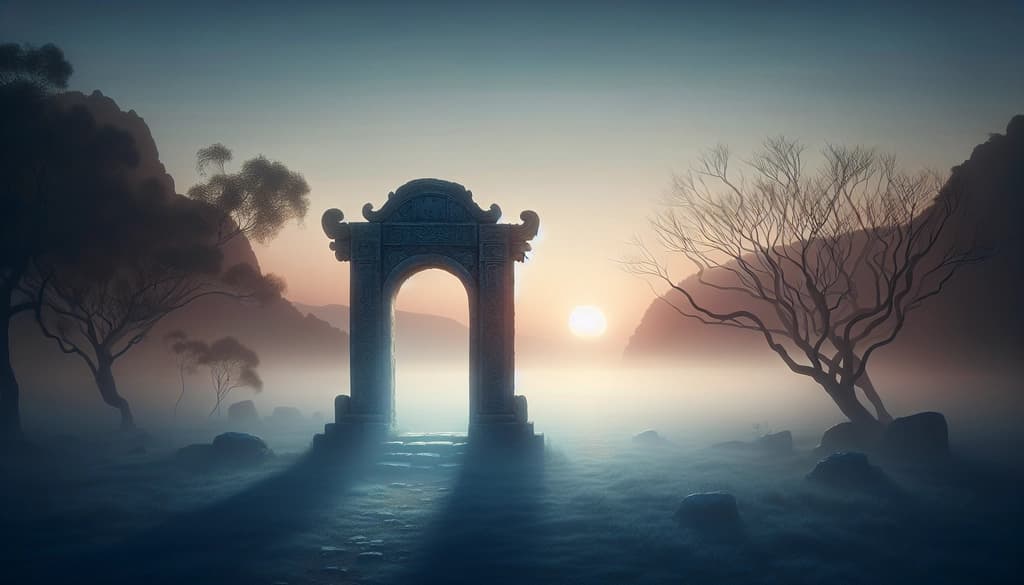 Open stone gate on misty hillside at sunrise, emptiness beyond.