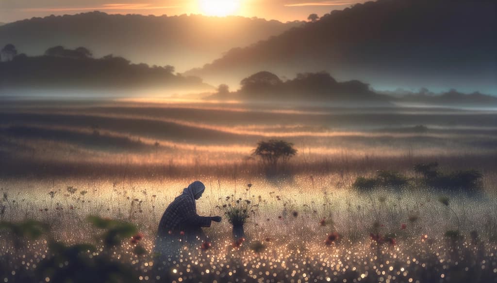 Person gathering wildflowers at sunrise in a peaceful meadow.